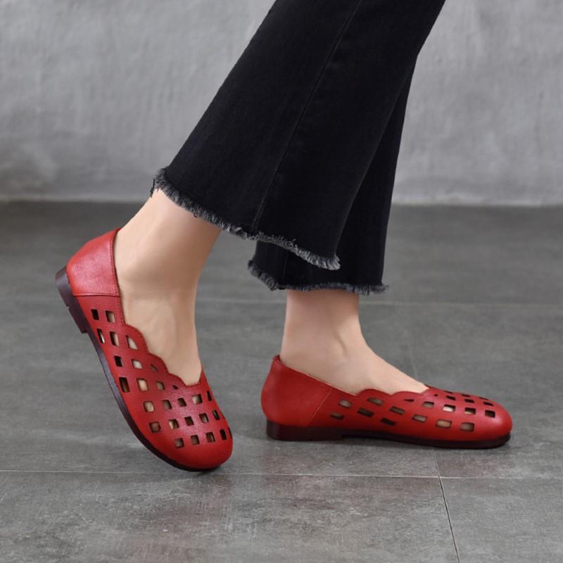 Johnature Genuine Leather Slip-on Shoes Hollow Out Breathable Soft Bottom Women's Flat Sandals