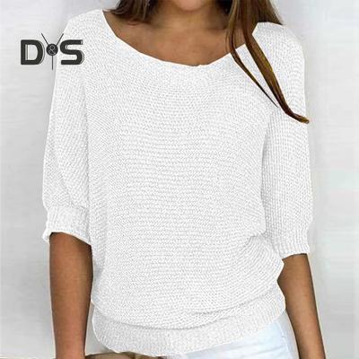 Women Tops Round Neck 3/4 Sleeve Solid Color Tee Shirt Loose Fit Knitting Blouse Stretchy Breathable Tops Streetwear