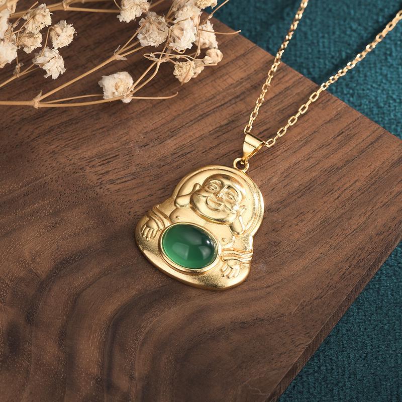Gilded Maitreya Buddha Necklace with Jade Pendant for Men and Women - Ethnic Style Agate Clavicle Chain