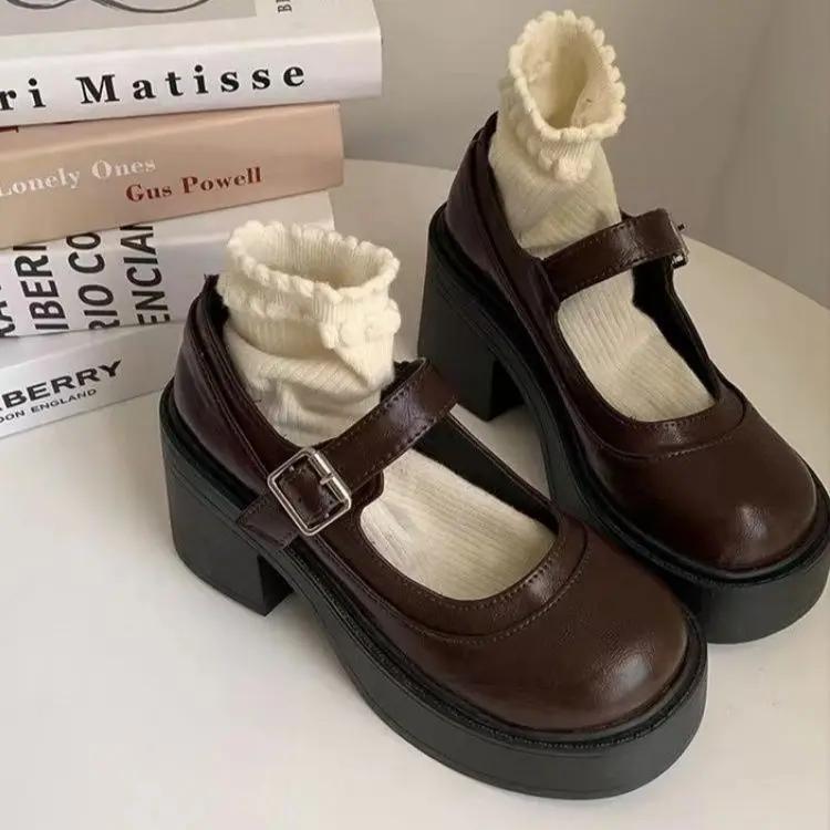 

Fashion Black Chunky Heel Platform Small Leather Shoes Women s 2025 Spring New Arrival French Height Increasing Mary Jane Shoes Short 40 коричневый