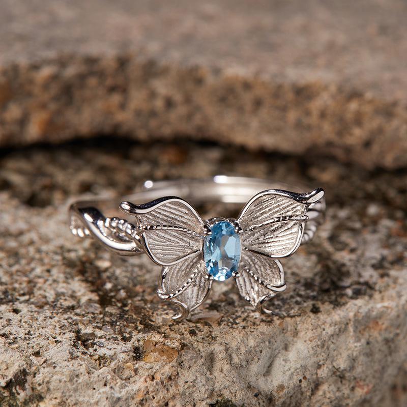 S925 Sterling Silver Natural Topaz Colored Treasure Ring Female Elegance Temperament Double-Layer Three-Dimensional Butterfly Design