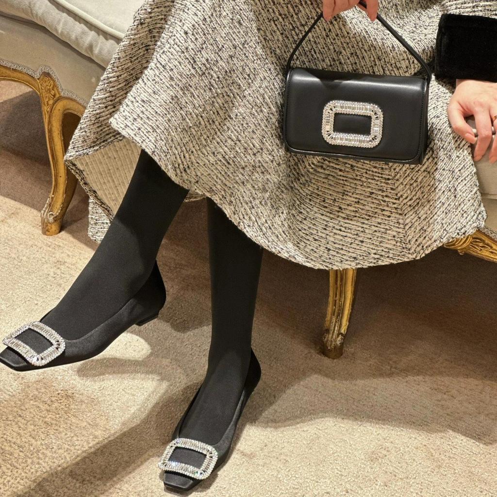 Sheepskin version~ Beautiful rhinestone square buckle leather small heels women's French square head Mary Jane single shoes ladyshoes evening shoes