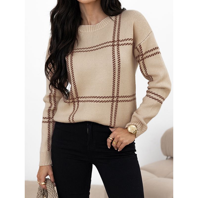 European and American Leisure All-Match O-neck pullover Top Women 2025 Winter New Plaid Patchwork Drop Shoulder Sweater Women