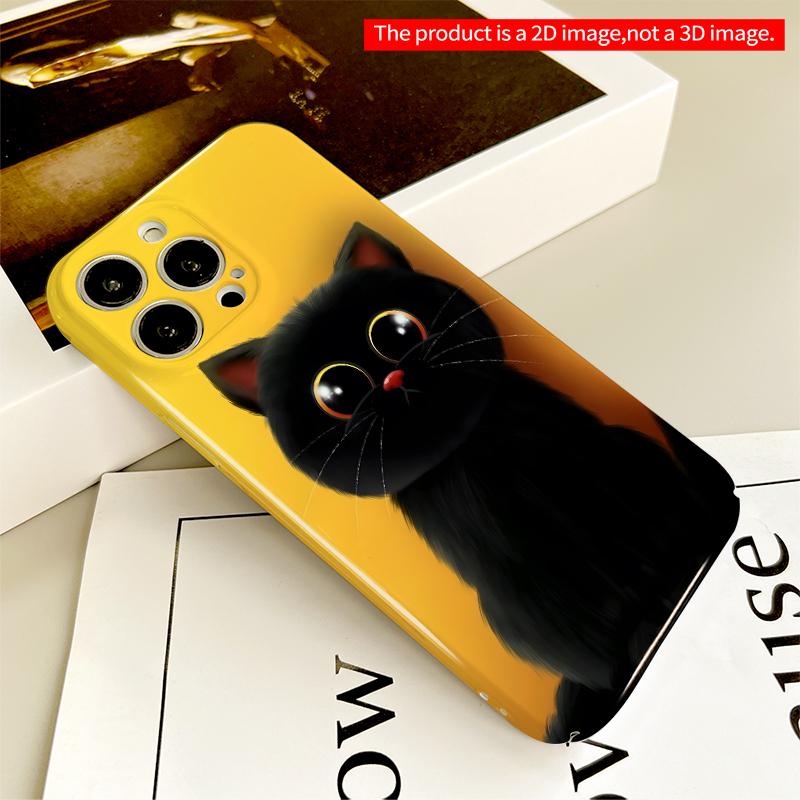2DFlat Cute Black Kitten on Yellow Background Phone Case All inclusive film hard iPhone case, compatible with iPhone 18 Pro Max 17 16 15 14 13 12 11