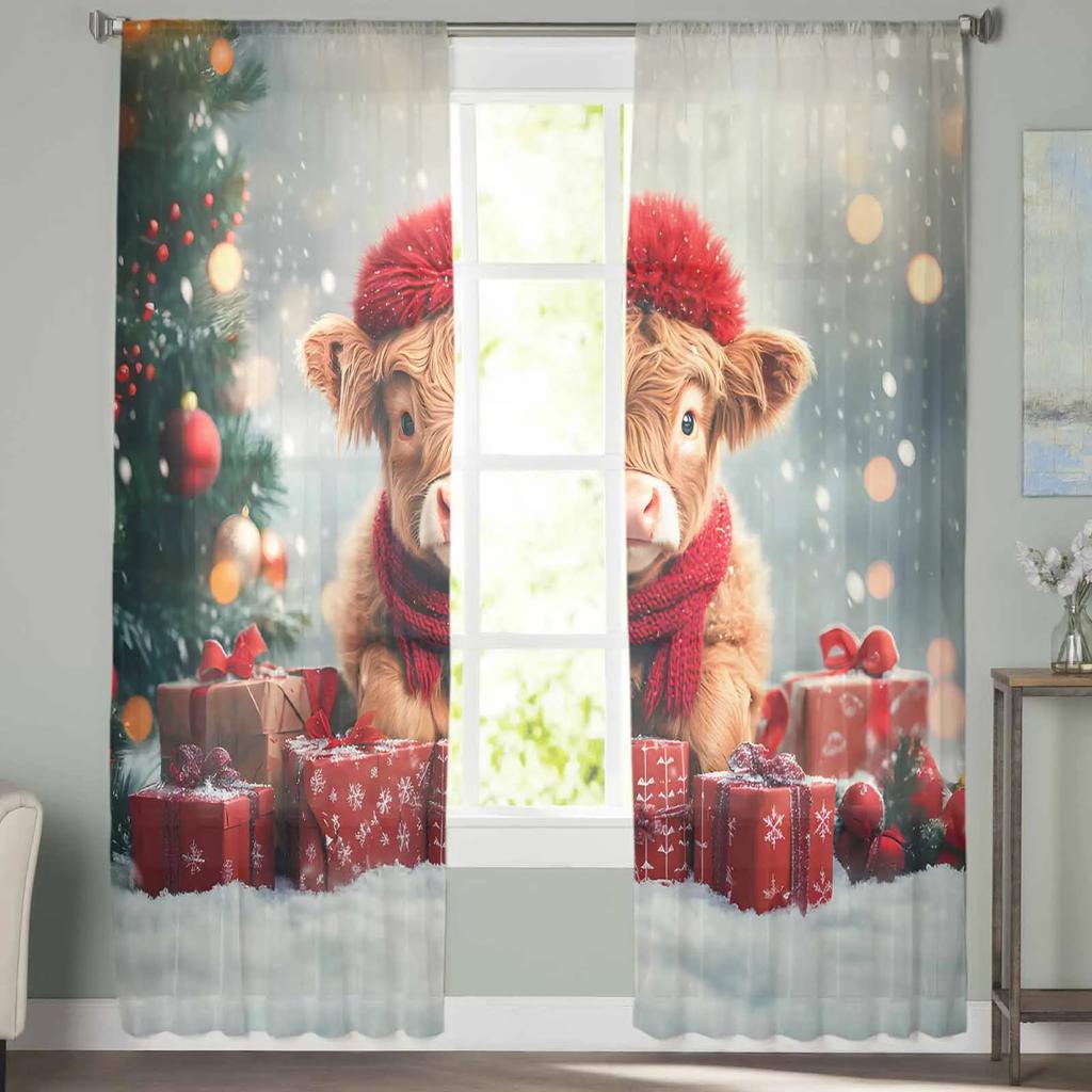 Christmas Tree Gift Yak Sheer Curtains for Living Room Decoration Window Curtains Kitchen Tulle Voile Curtains