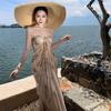 French beautiful tube top suspender dress summer fairy mesh printing temperament thin long seaside vacation dress