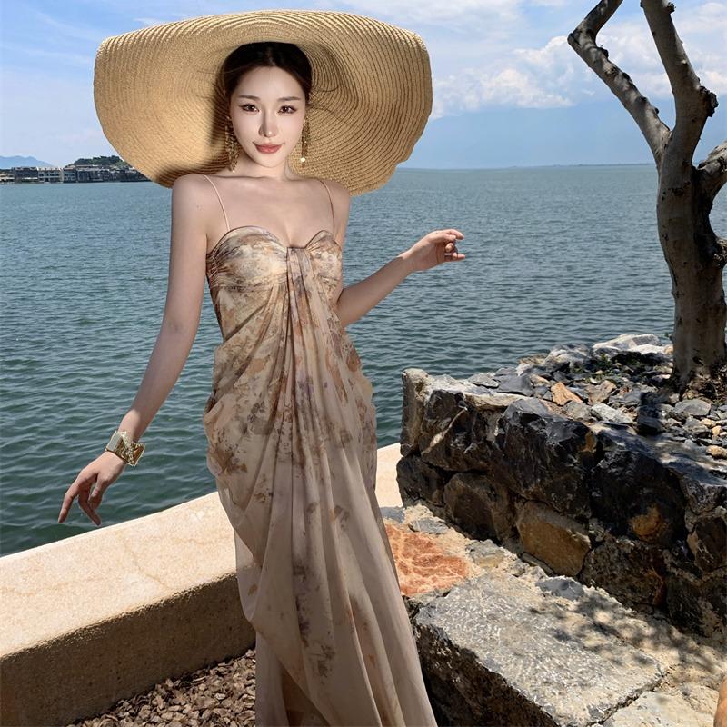 French beautiful tube top suspender dress summer fairy mesh printing temperament thin long seaside vacation dress