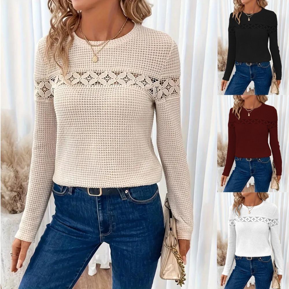 Women's Spring and Autumn Loose Top Solid Color Lace Stitching Round Neck Casual Ladies Long-sleeved T-shirt