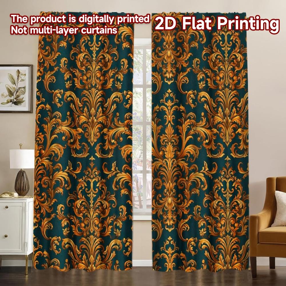 2D FLAT PRINTING 2pcs Curtains (Without Rod) Golden Baroque Flourishes Chic Curtains&Drapes Fabric Curtains Easter Egg Hunt Use 60×150cm