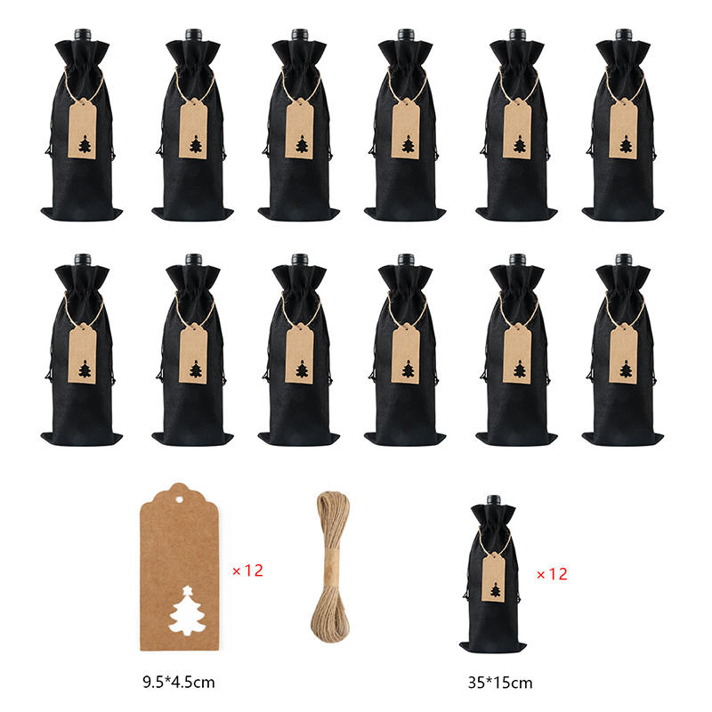 12PCS Christmas Simple Burlap Wine Bags with Tag And Ropes Holiday Party Reusable Gift Wrapping Bag Home Decor