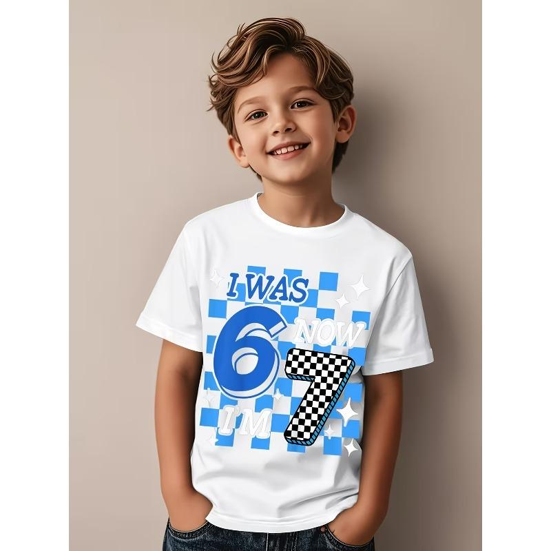 Europäische Größen Kinder 6 bis 7 Jahre Geburtstag T-Shirt War 6 Jetzt bin ich 7 Blau kariertes Thema Lässiges Oberteil mit Rundhalsausschnitt und kurzen Ärmeln Perfekt für die Geburtstagsparty