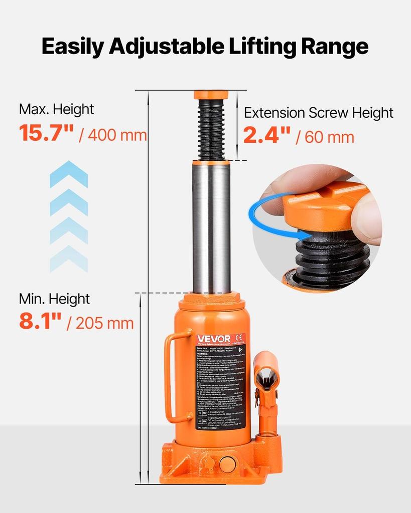 Hydraulic Bottle Jack, 12 Ton (26455.5 Lbs) Capacity, 205-400 Mm Lifting Range, Heavy Duty Welded Bottle Jack for Car, SUV, Pickup, Auto Repair, House