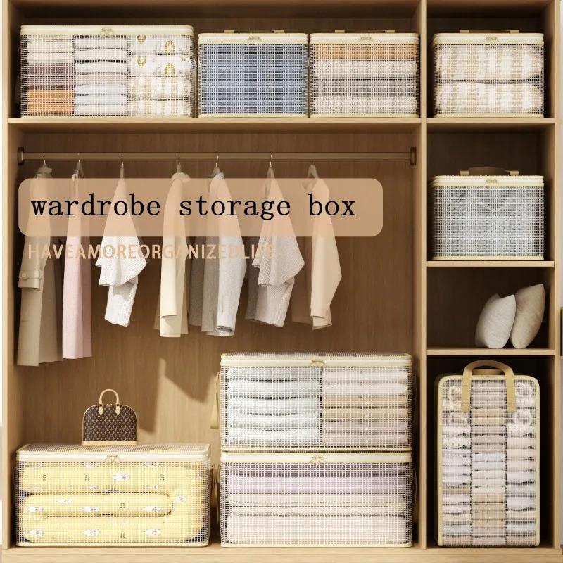 Large Transparent Clothes Storage Bag Breathable Mesh Organizer for Blankets Bedding Foldable Wardrobe Container with Handle