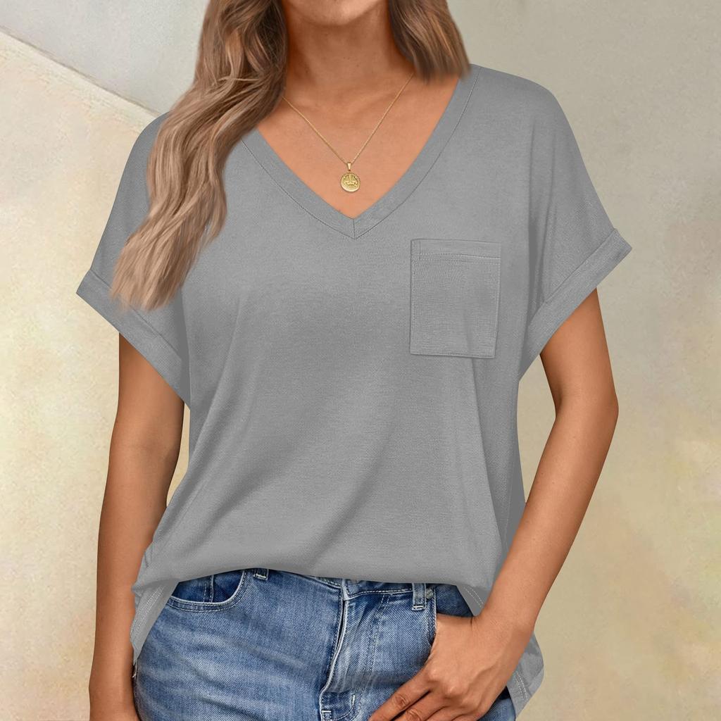 Femei topuri mânecă scurtă cu decolteu în V tricouri cu buzunare la piept casual lejer tricouri de bază haine de vară