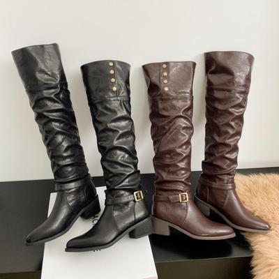 Hiver Vintage Bout Pointu Femme Chevalier Bottes Hautes Mode Boucle de Ceinture Chaussures à Talons Épais Dames Style Street Western Longues Botas