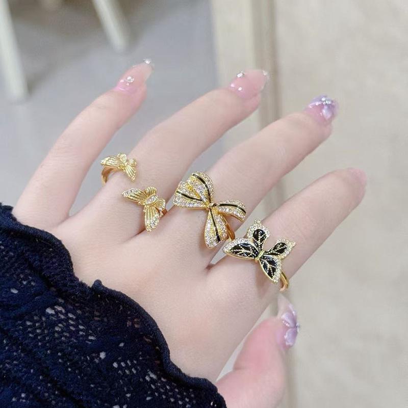 Medieval Vintage Enamel Ribbon Bow Ring Women'S Niche High-End Butterfly Index Finger Ring