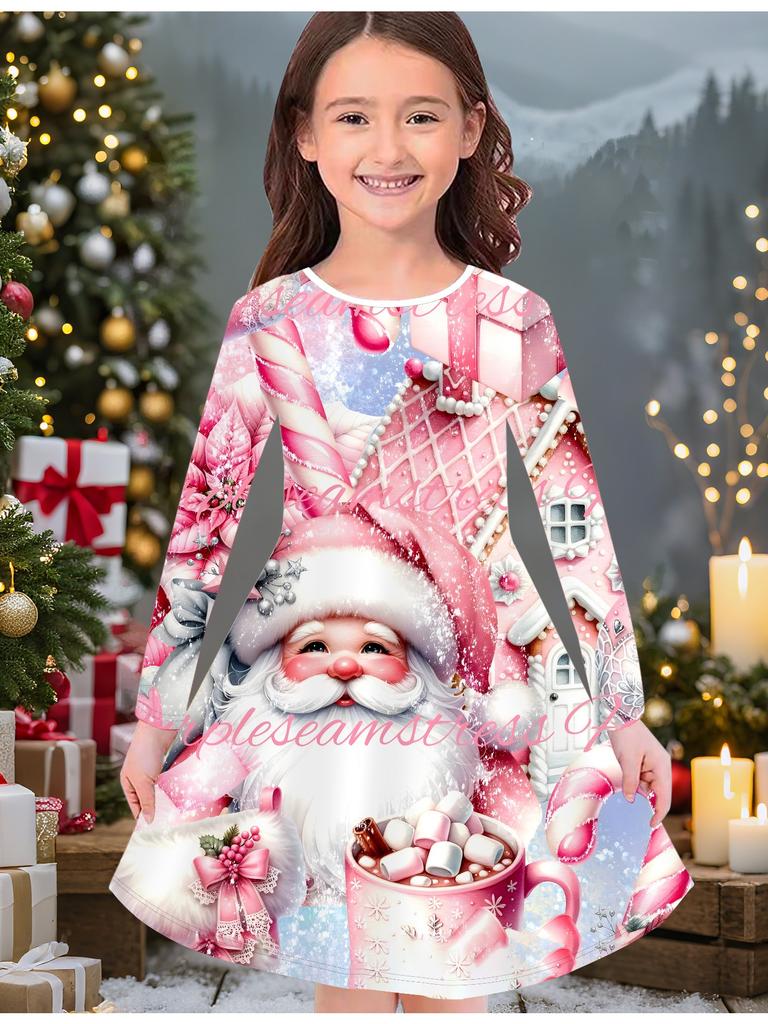 Mädchen Herbst- und Wintermodekleid, 3D Weihnachtsprint Rundhalsausschnitt Lang Kinder-T-Shirt-Kleid, Lässig Vielseitig, Weihnachtskleidung