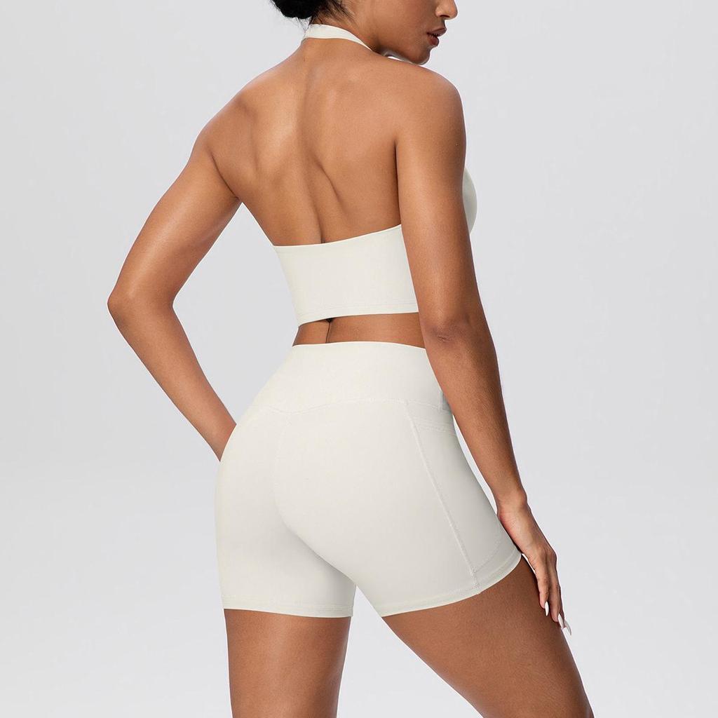 Cross-Border Halter Sports Vest & High-Waist Pocket Yoga Shorts Set