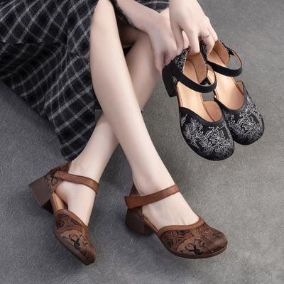 Fashion GKTINOO 2024 New Women Sandals Summer Genuine Leather Print Thick Heels Sandals Retro Style Round Toe Casual High Heel Shoes