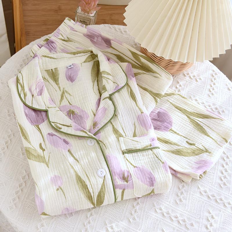 2026 New Spring and Autumn Women's Pajama Set 100% Cotton Crepe Long Sleeve Two Piece Flower Comfortable Home Clothing Set