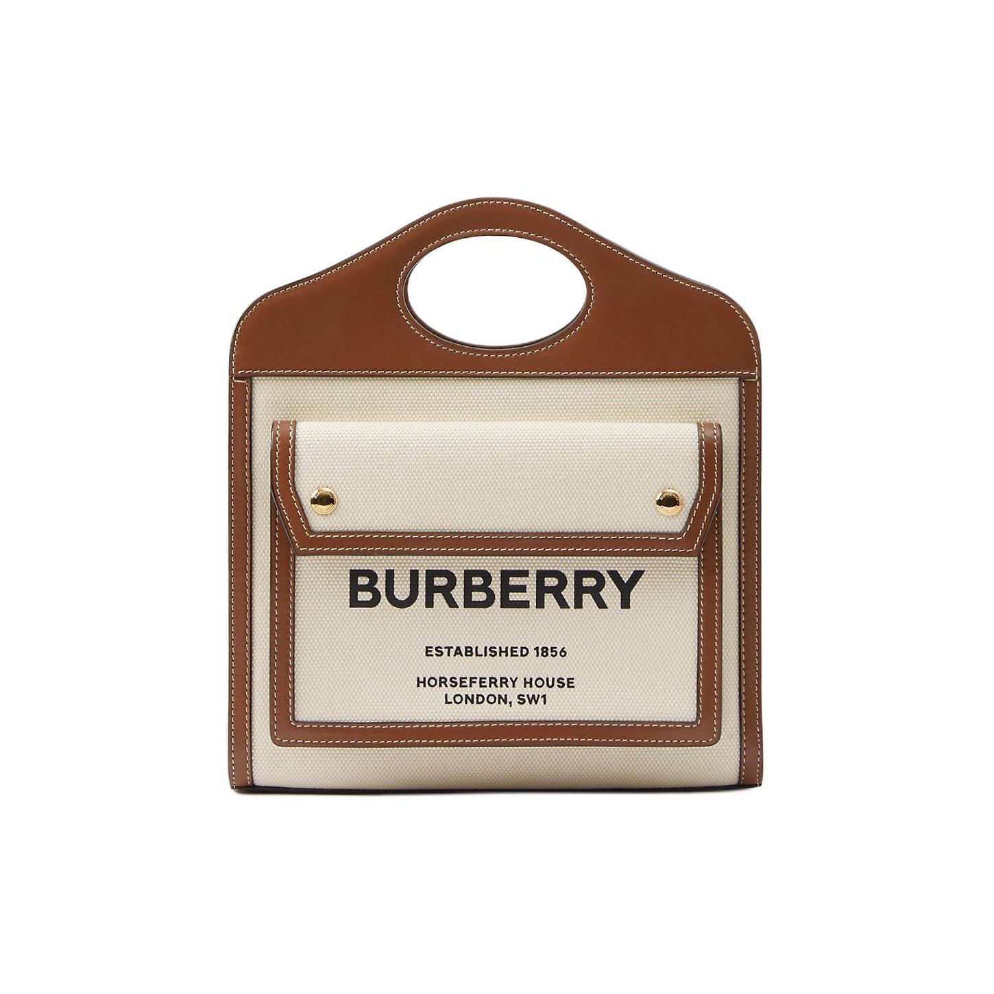 

Burberry Horseferry House Canvas Leather Trim Mini Top Handle Tote Bag With Gold Hardware For Daily Use Basic Set (Bag+Dust Bag)