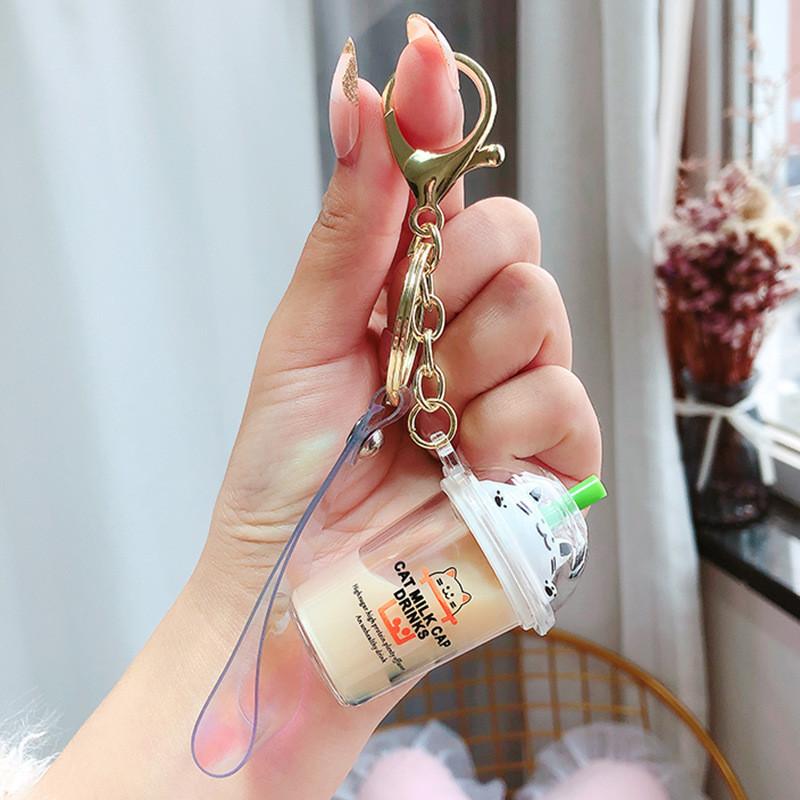 Adorable Cartoon Cat Milk Tea Keychain Cute Acrylic Keyring For Couples And Friends