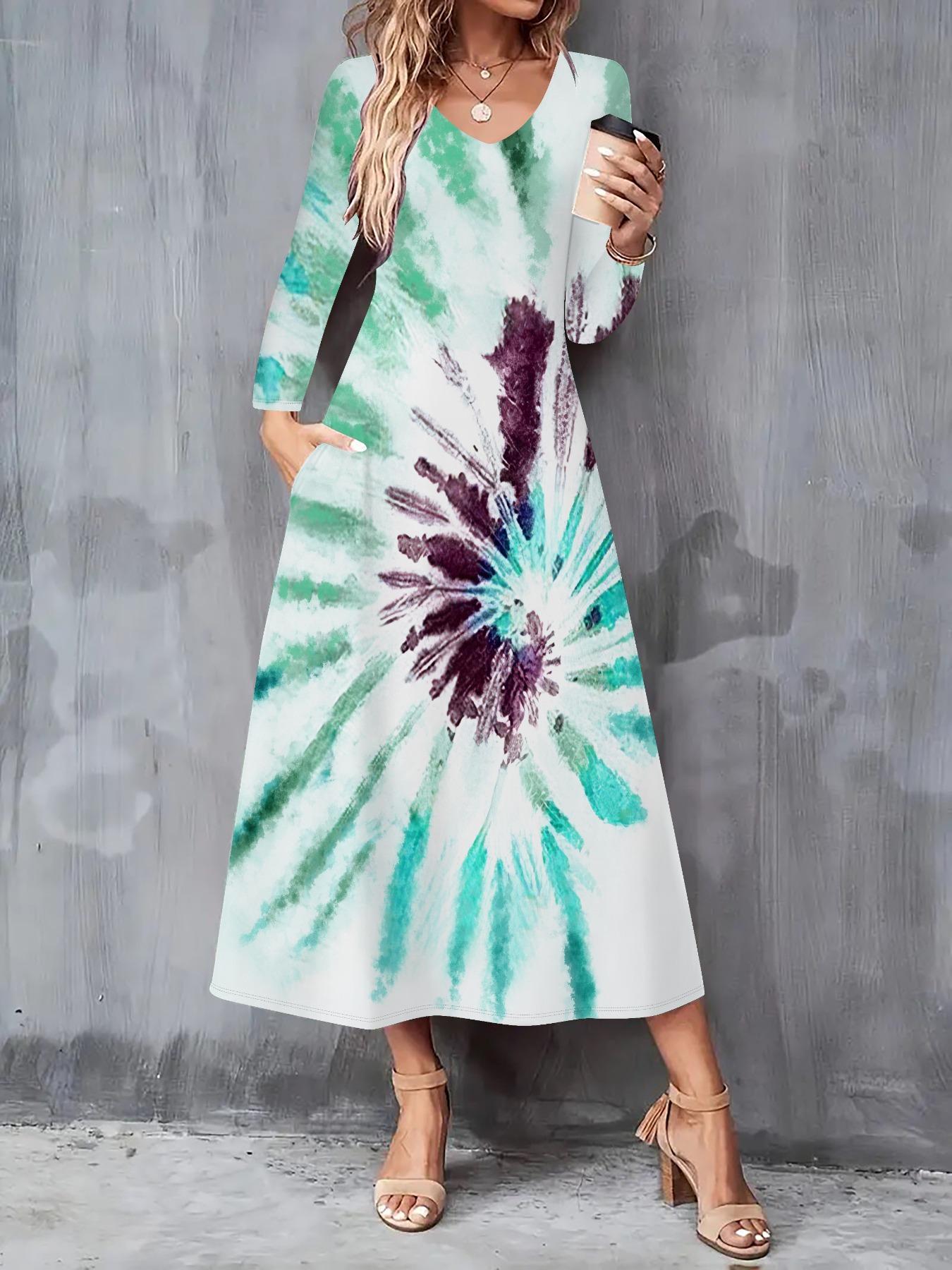 

Осень-Зима 2025 Новое Женское Повседневное Модное Платье 3D Принт Тай-дай Длинный Рукав V-образный Вырез A-силуэт S