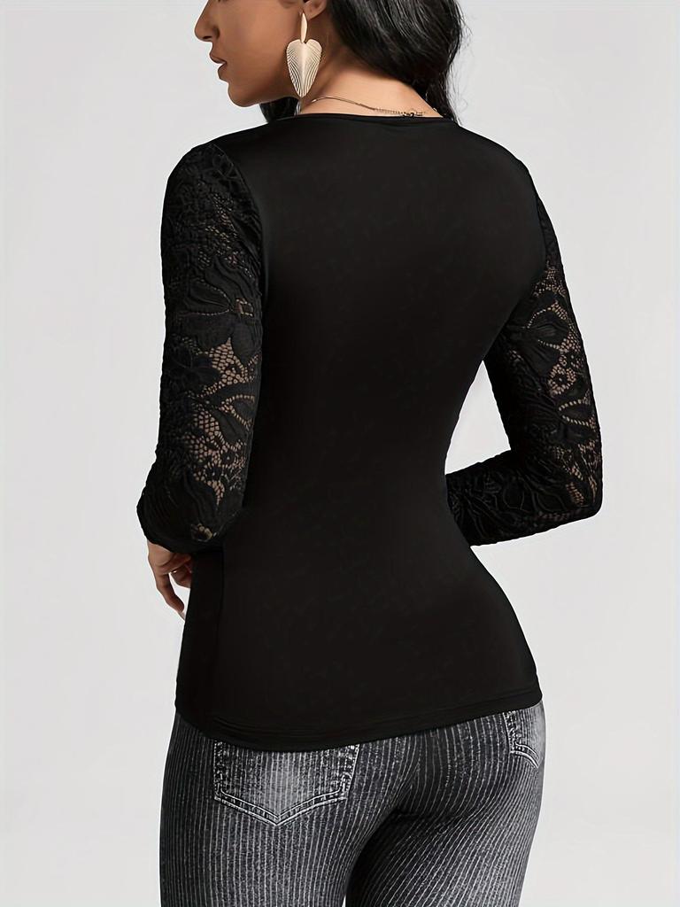2024 Autumn/Winter Slim Fit Solid Color T-Shirt with Lace Sleeves for Women
