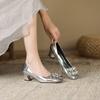 8-Rhinestone Square Head Single Shoes Women's Autumn New Thick Heel High Heels Silver Soft Leather Women's Shoes