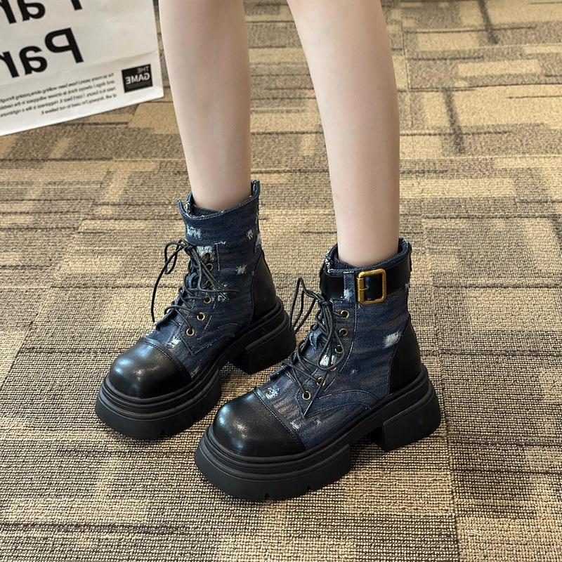 Martin Boots Women's Autumn and Winter New Old Thick-soled Denim Locomotive Breathable Thin Tooling Short Boots
