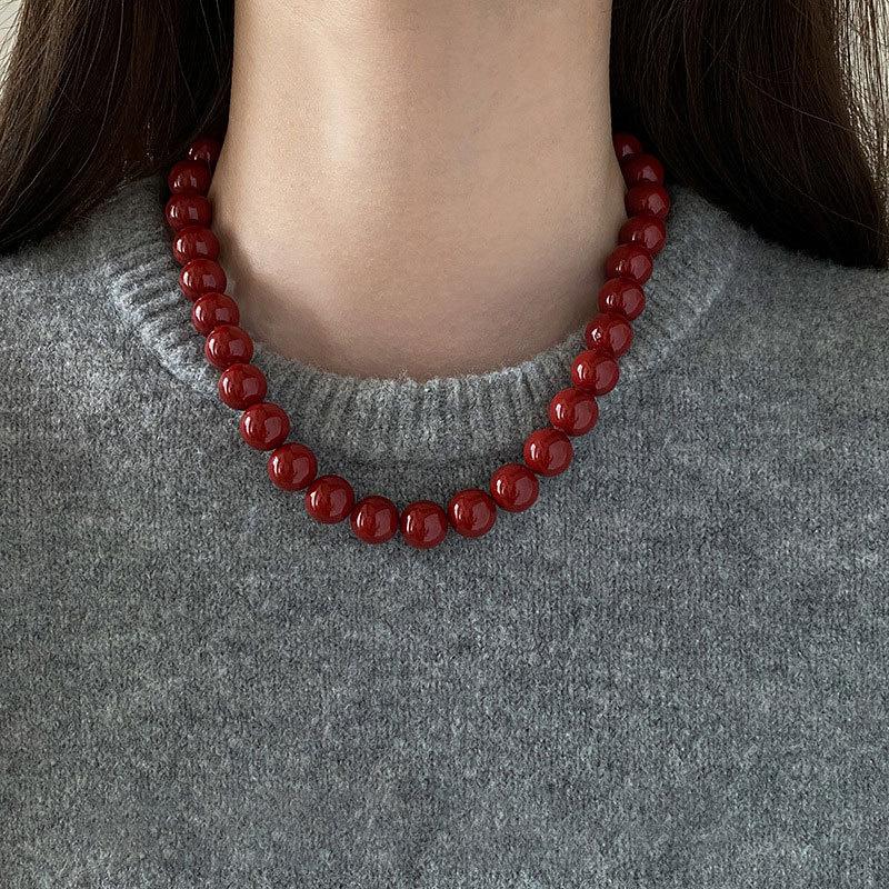 6-12mm Round Glass Red Beads Strand Beaded Necklace Choker for Women Wholesale Silver Plated Chain Chokers Jewelry New Year Gift