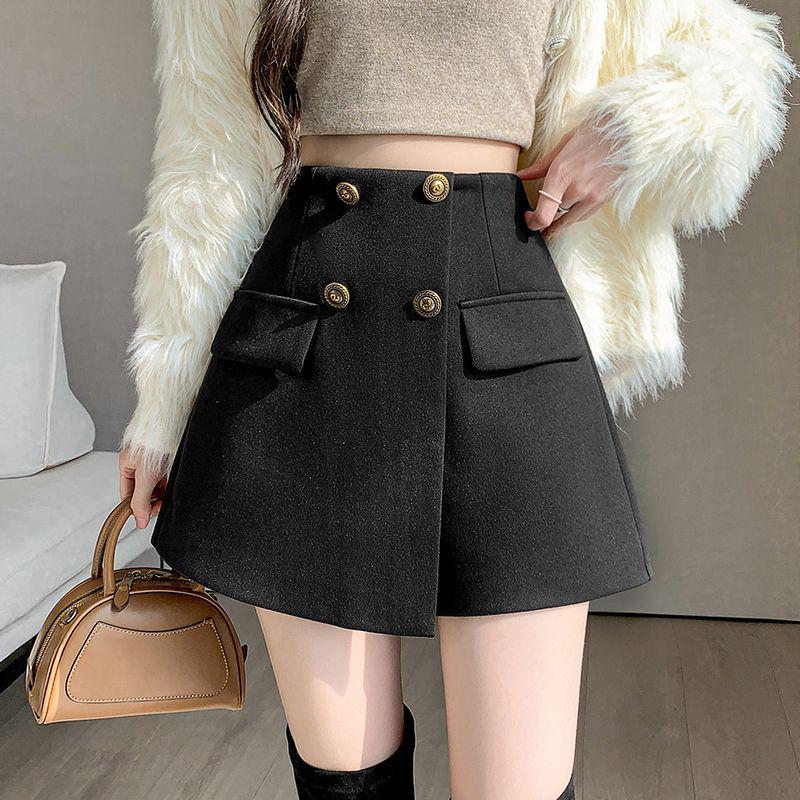 Women's 2026 Autumn/Winter High-Waist Wool Suit Skirt Pants - Double-Breasted, Wide-Leg Slimming Shorts