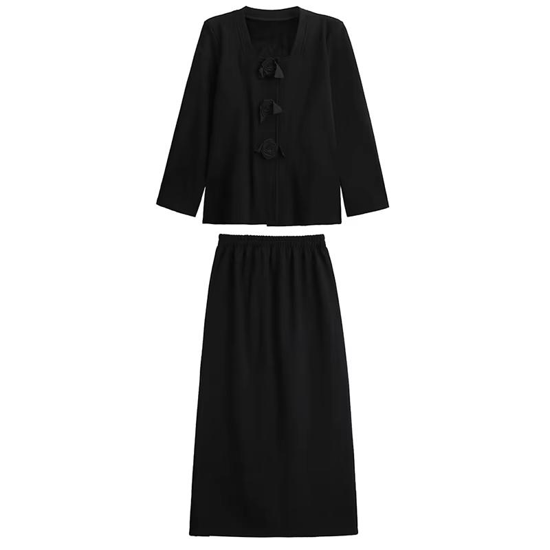 

XITAO повседневные комплекты платьев с длинными рукавами, квадратным воротником и эластичной талией GMM1037 XL чёрный