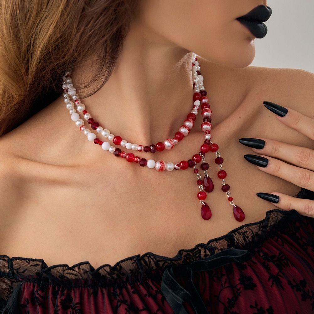 Multilayer Halloween Clavicle Choker Tassel Gothic Jewelry Fashion Blood Drop Necklace  Party