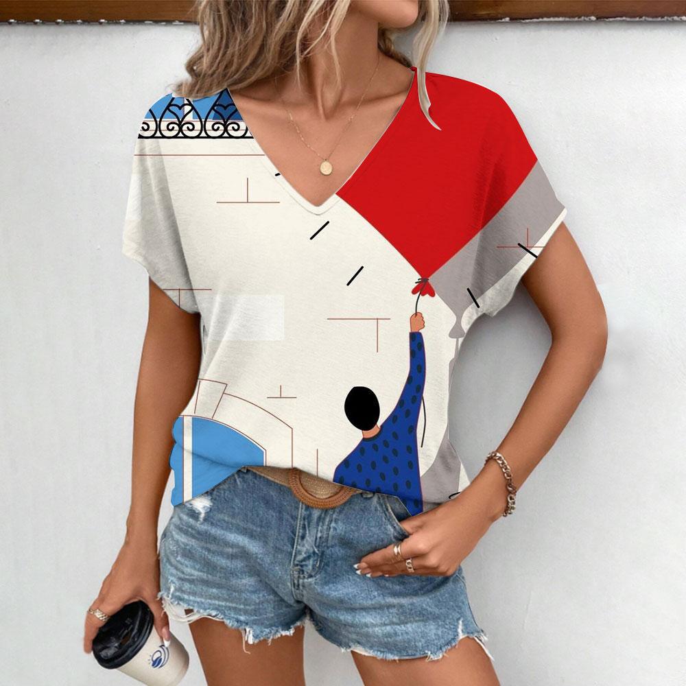2024 Sommer Freizeit Bequemes T-Shirt Damen Elegantes V-Ausschnitt T-Shirt Mode Herzförmiges Muster Druck Kurzarm T-Shirt