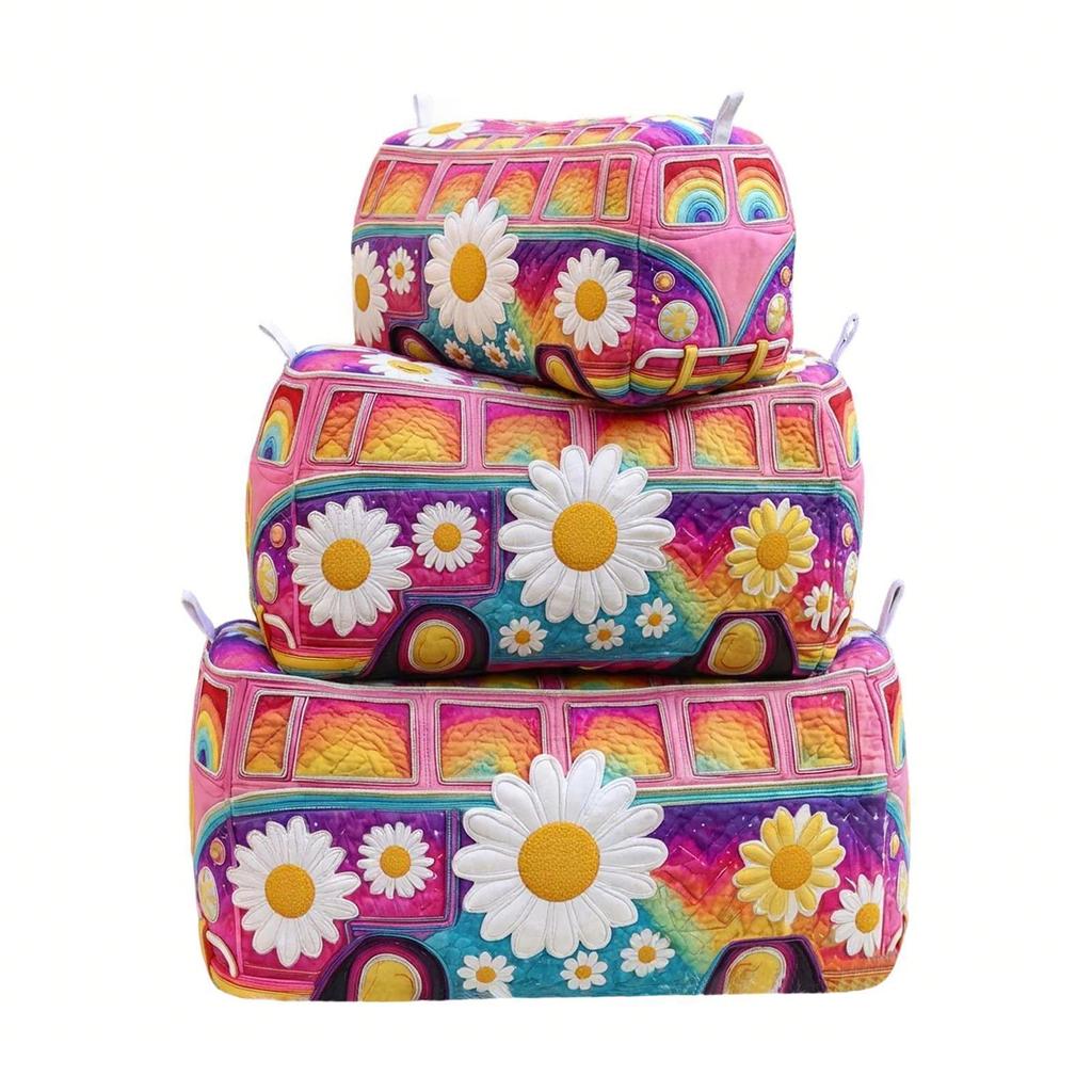 Quilted Multi Functional Storage Bag Set M Size with Floral and Nature Pattern Embroidery for Cosmetics and Accessories Organizer