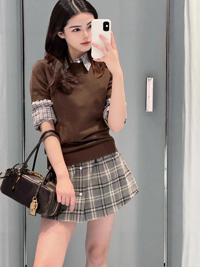 Miu Style Plaid Mini Skirt: Elastic Waist, Single-Breasted, Autumn/Winter Collection