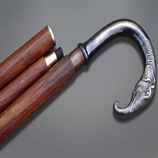 Elephant Head Brass Handle Walking Cane Detachable Wooden Walking Stick