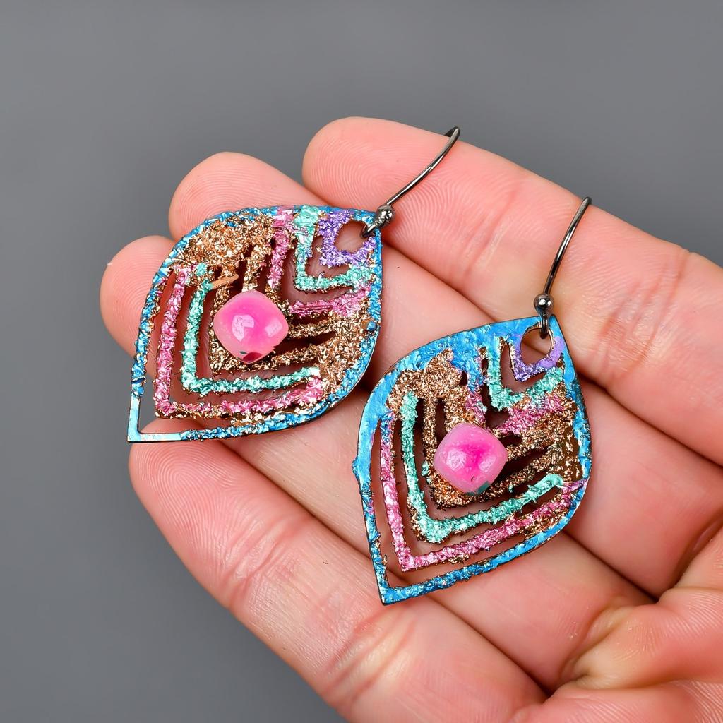 Natural Pink Sapphire Copper Multi Electroformed Art Deco Drop Dangle Earrings V-90