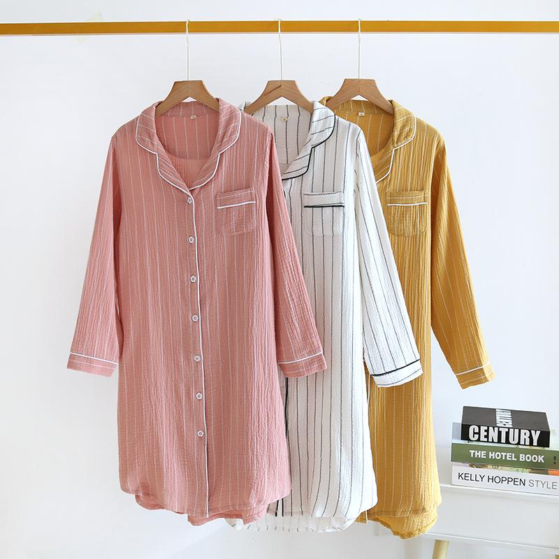 Robe de nuit Printemps Été pour Femme Chemise de nuit à manches longues en coton mi-longue rayée avec boutons Vêtements de nuit pour femme Robe de nuit pour la maison