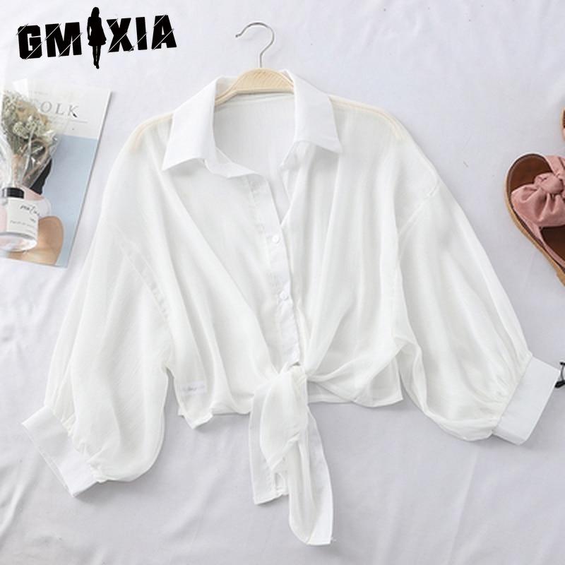 

GMXIA Жіночі модні повсякденні одноколірні блузки та сорочки з довгими рукавами та вирізом з горловиною S білий