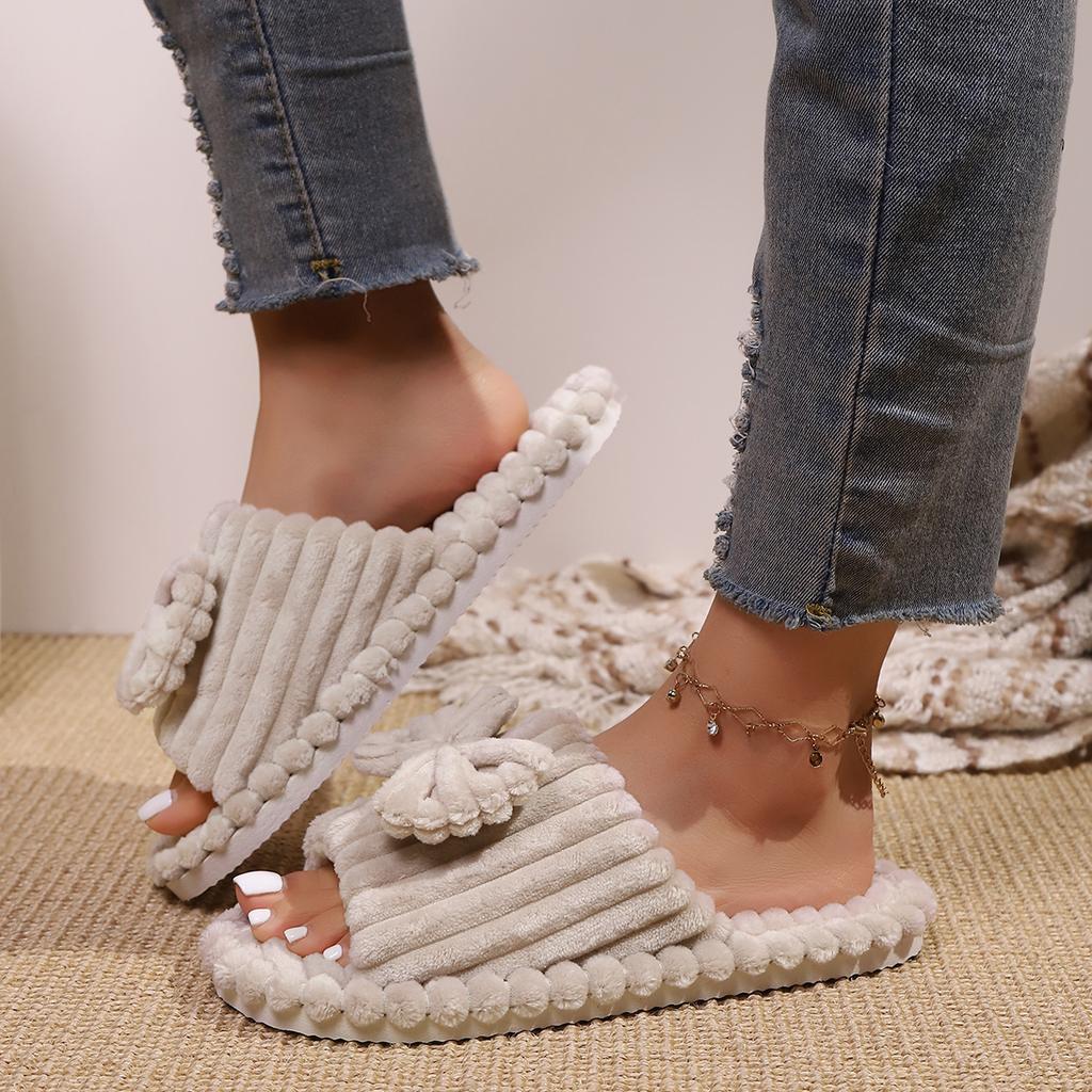Warme Hausschuhe mit Schleifendekor, lässige Plüschschuhe mit offener Spitze, bequeme Hausschuhe