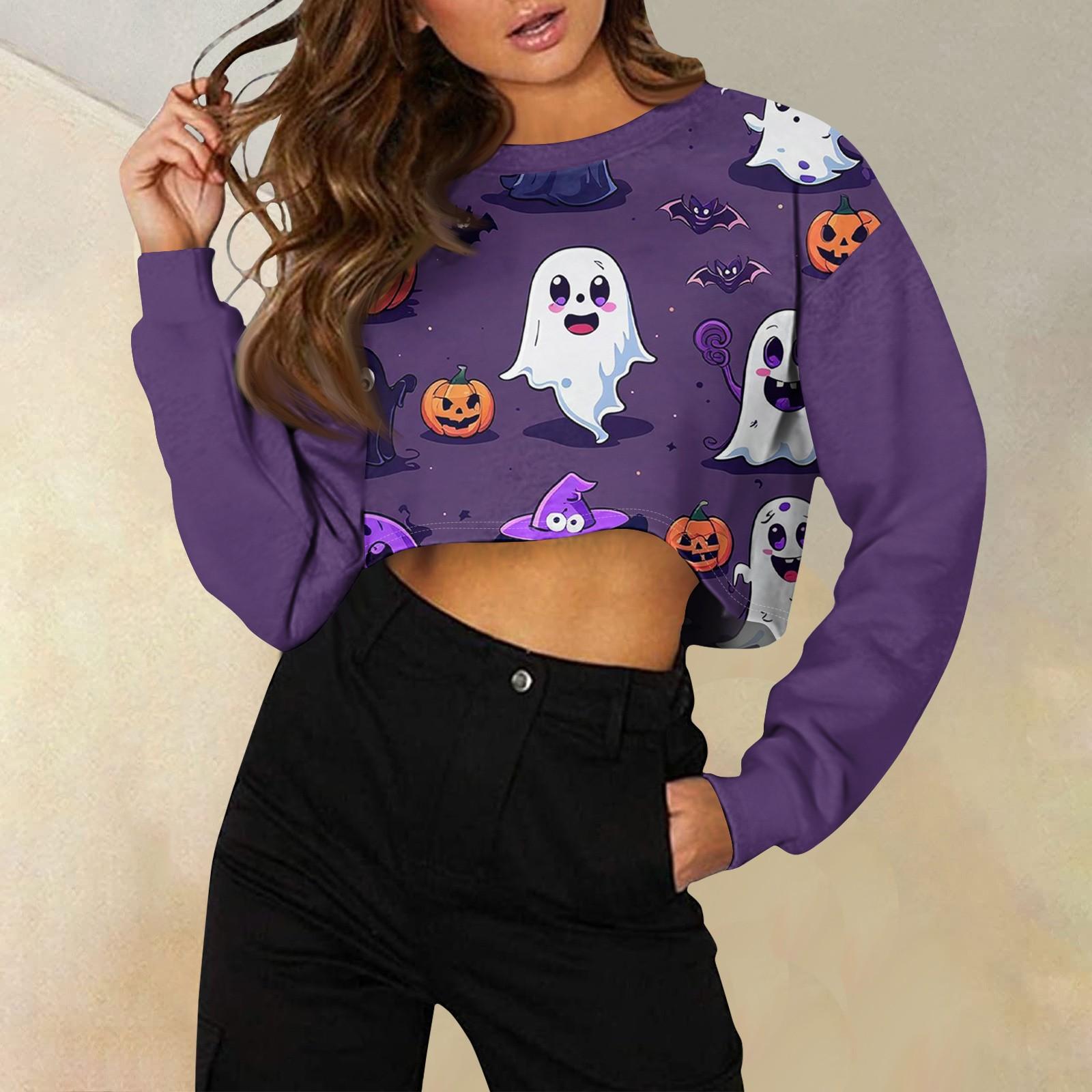 

Женская модная повседневная свободная короткая толстовка с круглым вырезом и длинным рукавом с принтом на Хэллоуин S шафрановый