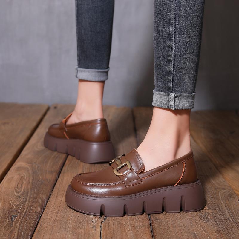 The First Layer of Cowhide Thick-soled Single Shoes for Women's 2025 Spring and Summer New Korean Version of One-pedal Loafers, Metal Buckle Small