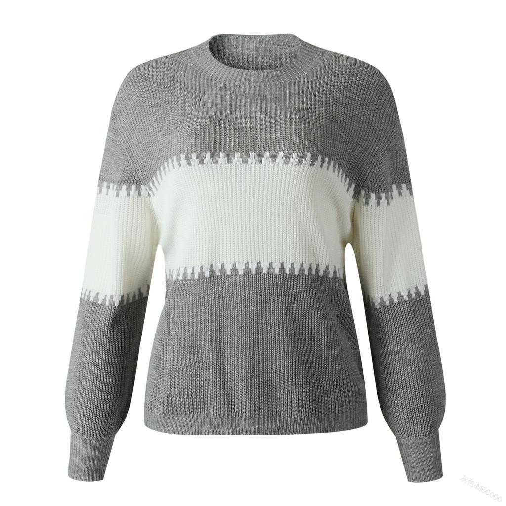 Contrast Colour Striped Knitted Sweater for Women Bell Sleeves Top Women's Round Neck Luxurious Relaxed-fit Slimming and Versatile Top