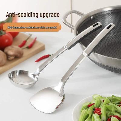 Premium Stainless Steel Long-Handled Kitchen Utensils Set: Wok Spatula, Soup Spoon & Ladle