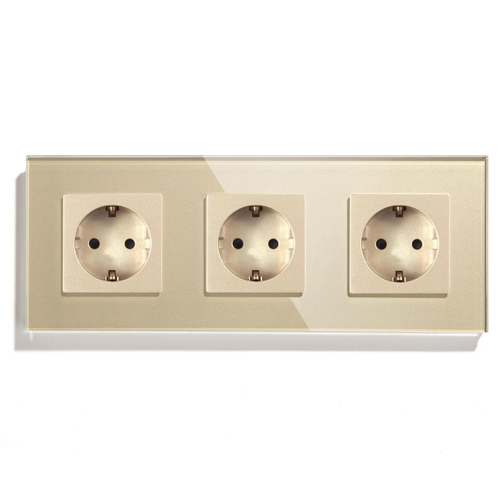 Bseed Triple EU Russia Standard Wall Power Socket Crystal Glass Panel White Grey Black Glod 110-240V Electrical Plug