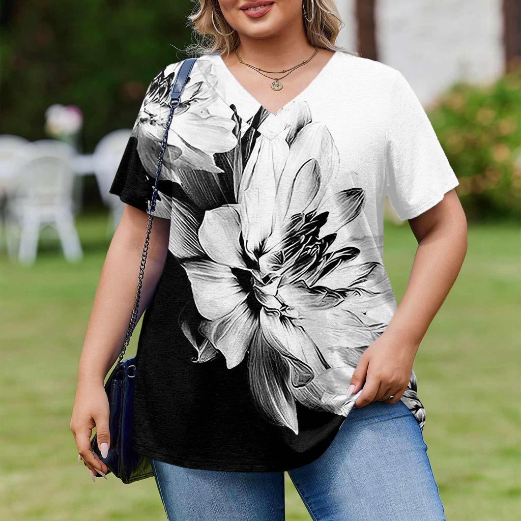 Women's Plus Size Fashionable Casual Loose-Fit Short Sleeve Elegant V Neck Blouse For Work