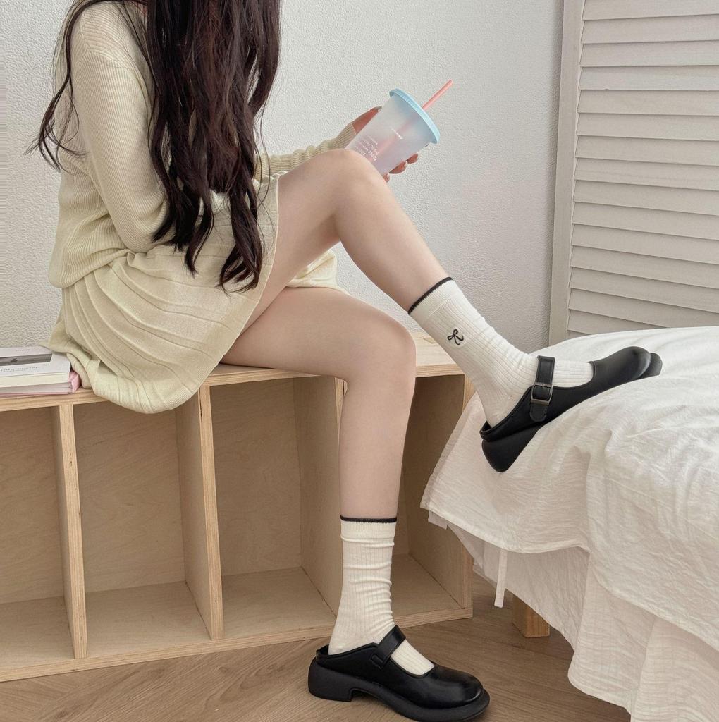 Gray-Blue Striped Embroidered Bow Socks for Women – Korean Ballet Style, Trendy All-Match Socks