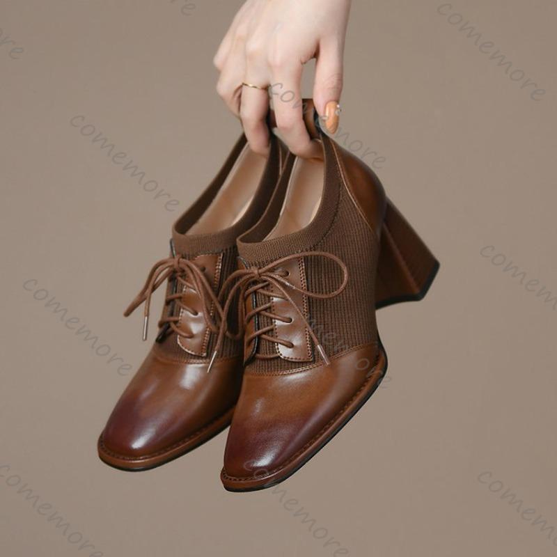 Comemore Brown Retro Lace Up Pumps for Women Soft Leather Commuter Comfortable High Heels 2025 Spring Autumn Female Heeled Shoes